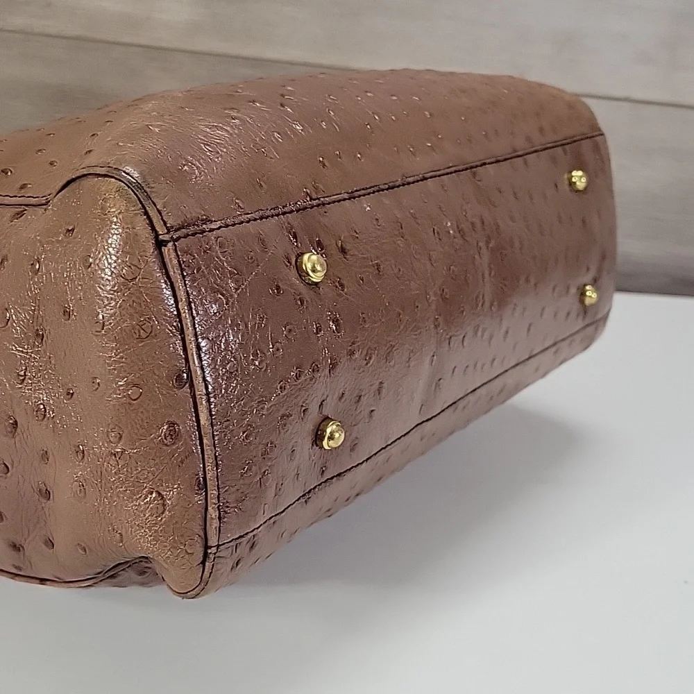 Brahmin Brown Ostrich Embossed Leather Tote Bag with Gold Accents